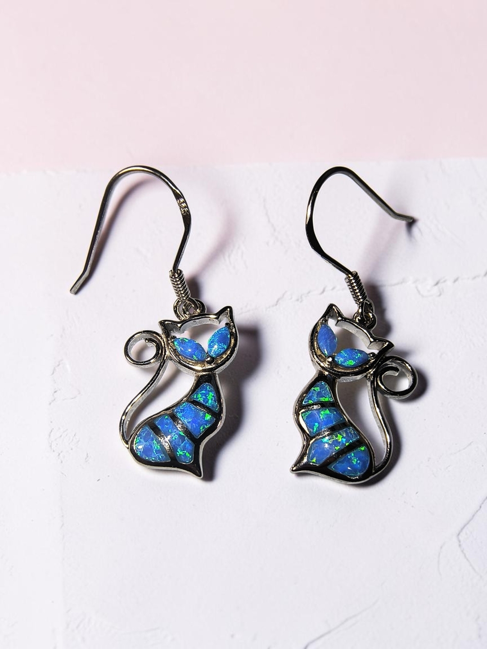 Sterling Silver Blue Opal Whimsical Cat Drop Earrings Brand New